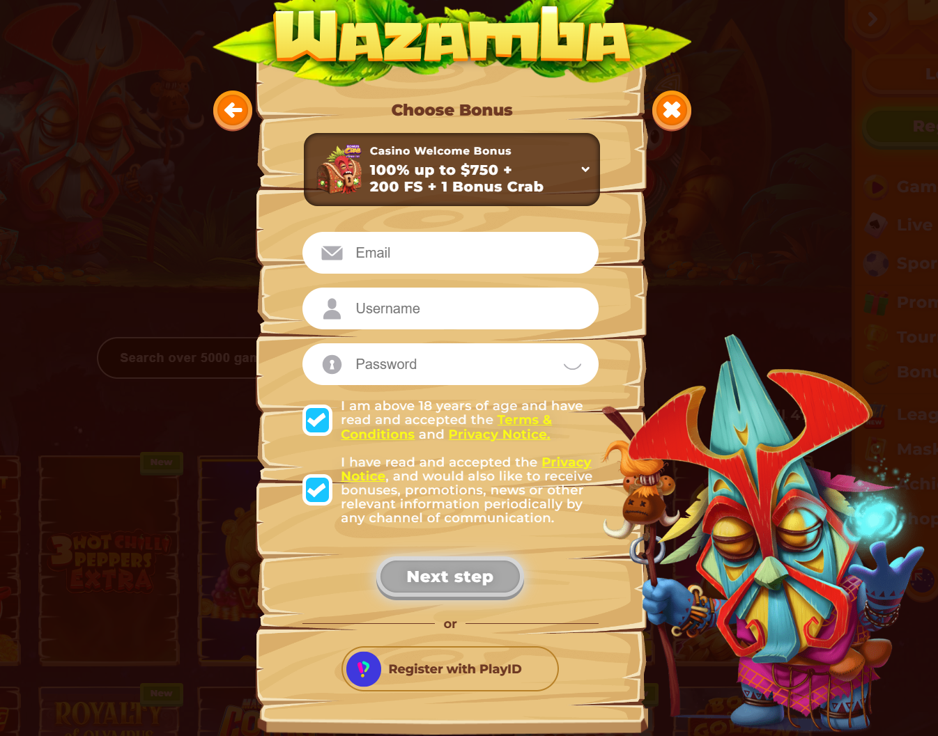 Wazamba registration